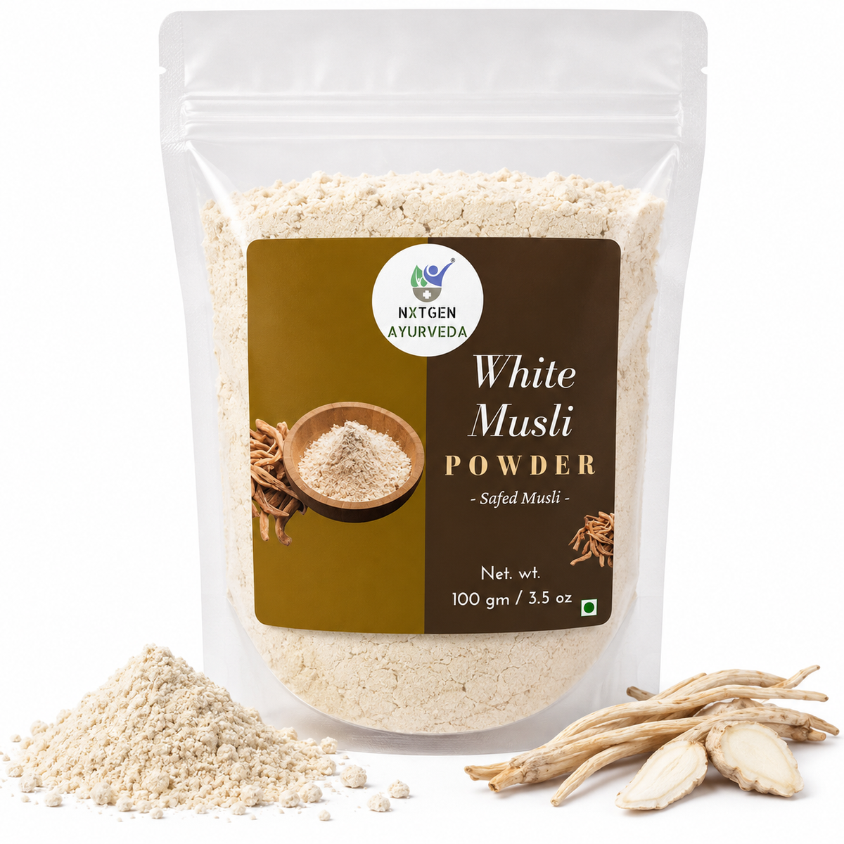 Premium White Musli Powder  in a transparent stand-up pouch with finely ground Chlorophytum borivilianum root powder for traditional Ayurvedic wellness.