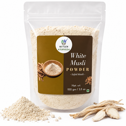 Premium White Musli Powder  in a transparent stand-up pouch with finely ground Chlorophytum borivilianum root powder for traditional Ayurvedic wellness.
