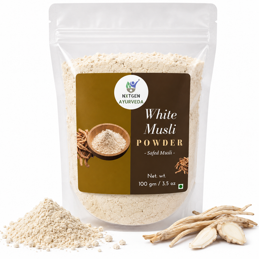 Premium White Musli Powder  in a transparent stand-up pouch with finely ground Chlorophytum borivilianum root powder for traditional Ayurvedic wellness.