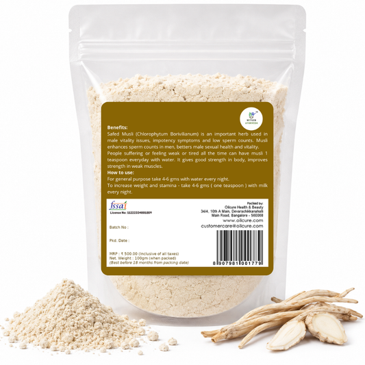 Premium White Musli Powder in a transparent stand-up pouch with finely ground Chlorophytum borivilianum root powder for traditional Ayurvedic wellness.