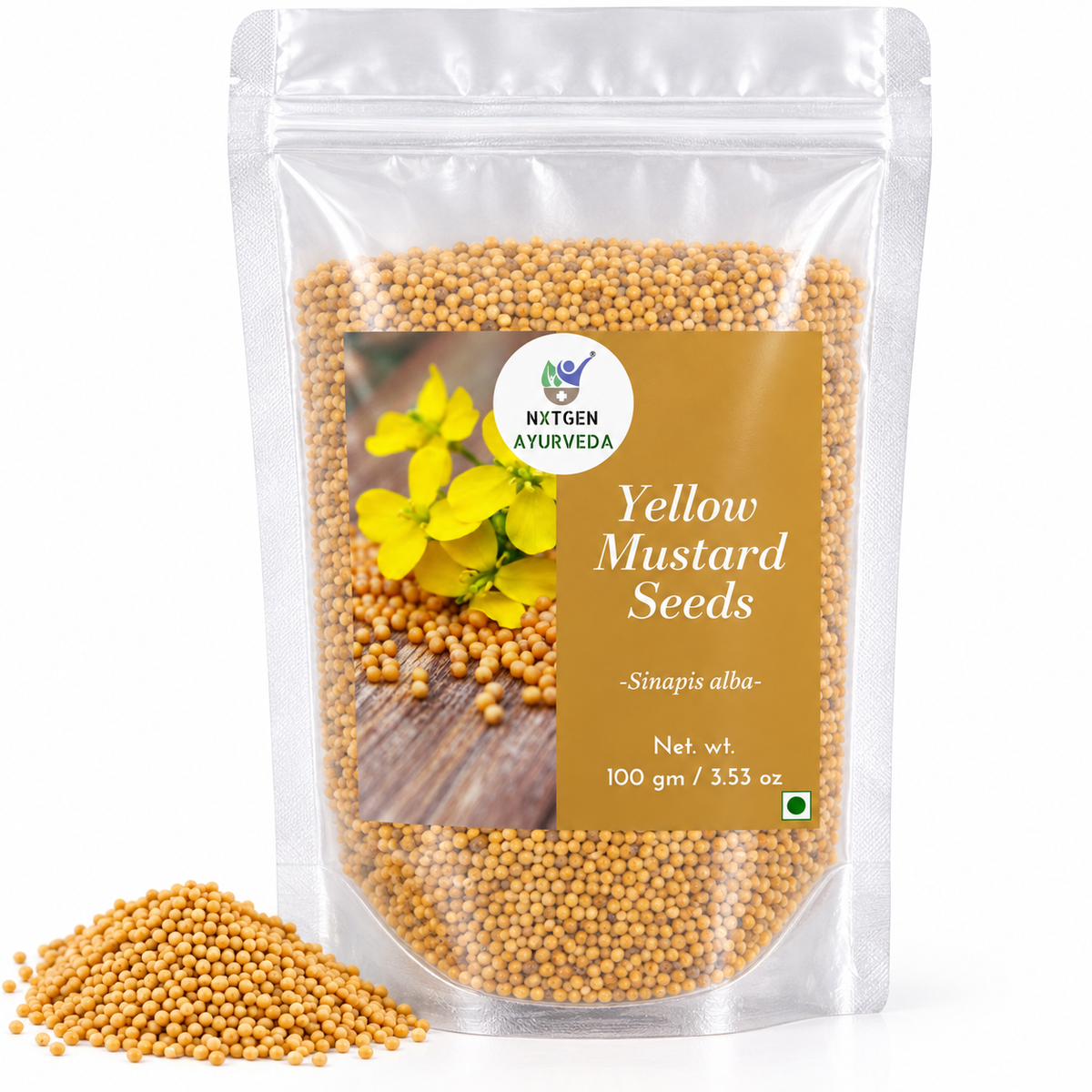 Premium Yellow Mustard Seeds in a transparent stand-up pouch with whole golden-yellow mustard seeds for cooking, seasoning, pickling, and traditional culinary use.