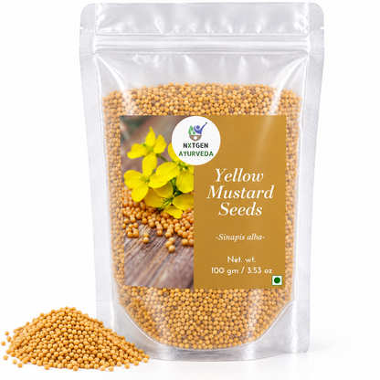 Premium Yellow Mustard Seeds in a transparent stand-up pouch with whole golden-yellow mustard seeds for cooking, seasoning, pickling, and traditional culinary use.