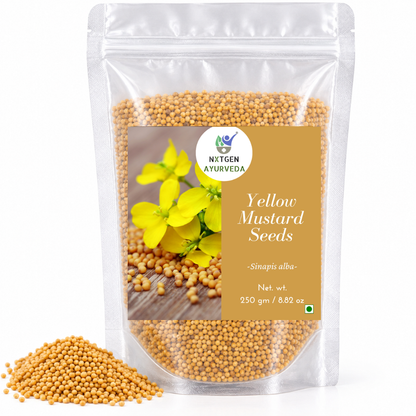 Premium Yellow Mustard Seeds in a transparent stand-up pouch with whole golden-yellow mustard seeds for cooking, seasoning, pickling, and traditional culinary use.