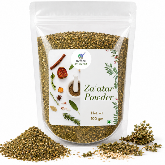 Premium Zaatar Powder in a transparent stand-up pouch with a fragrant blend of herbs and spices for seasoning, cooking, and Middle Eastern dishes.