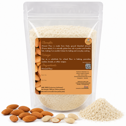Premium Almond Flour in a transparent stand-up pouch with finely ground blanched almonds for baking, cooking, and gluten-free recipes.