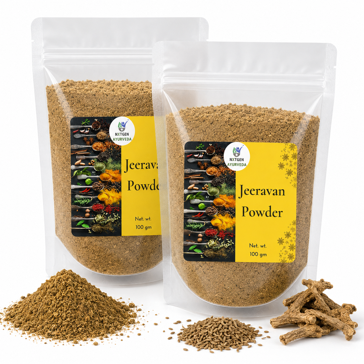 Premium Jeerawan Powder Pack of 2 in transparent stand-up pouches with finely ground herbal powder for traditional culinary and wellness use.