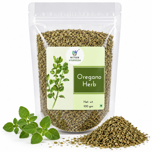 Premium Oregano Herb in a transparent stand-up pouch with aromatic dried oregano leaves for seasoning, cooking, pizzas, pasta, and sauces.